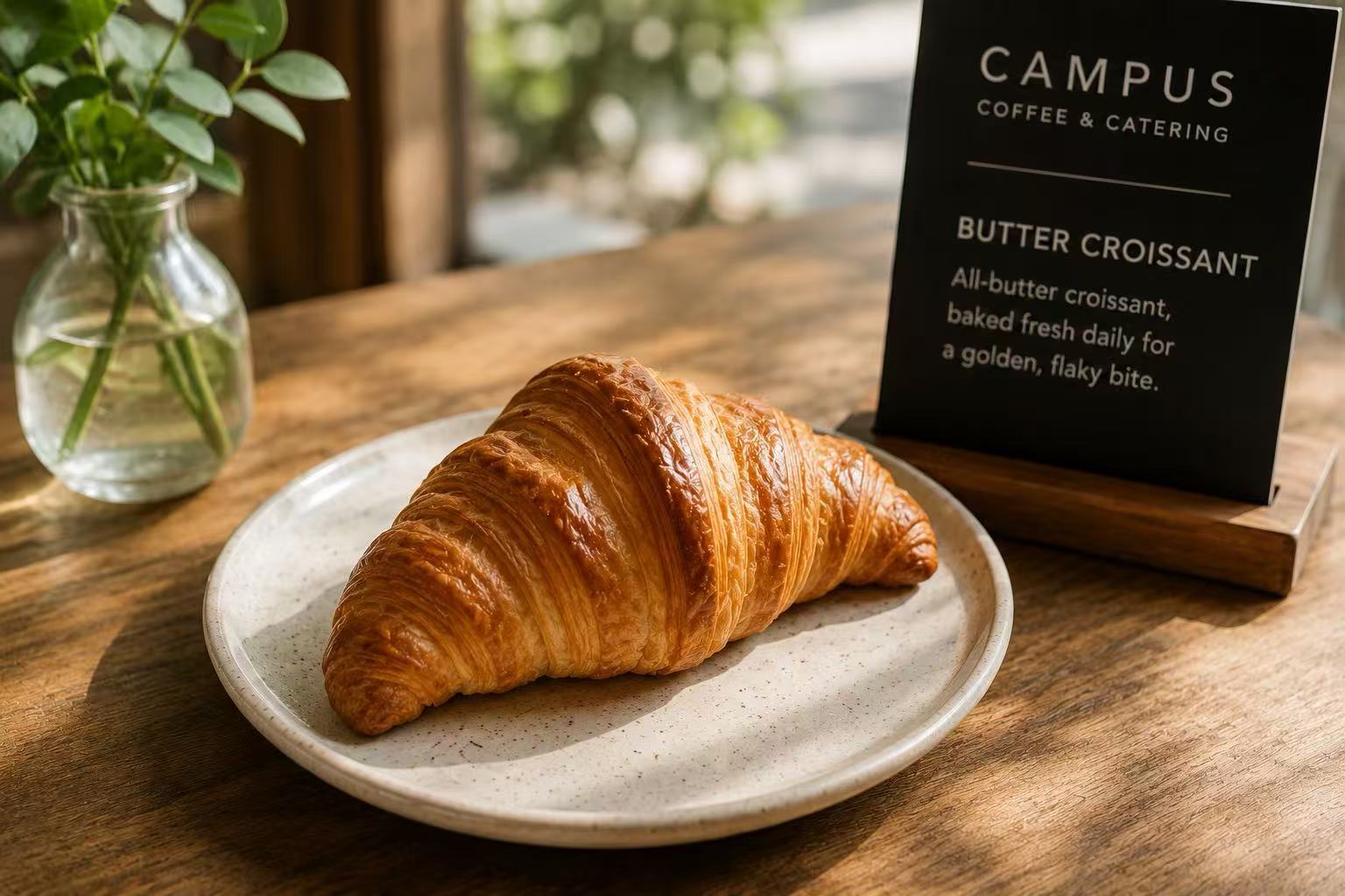 Freshly baked butter croissant beside coffee